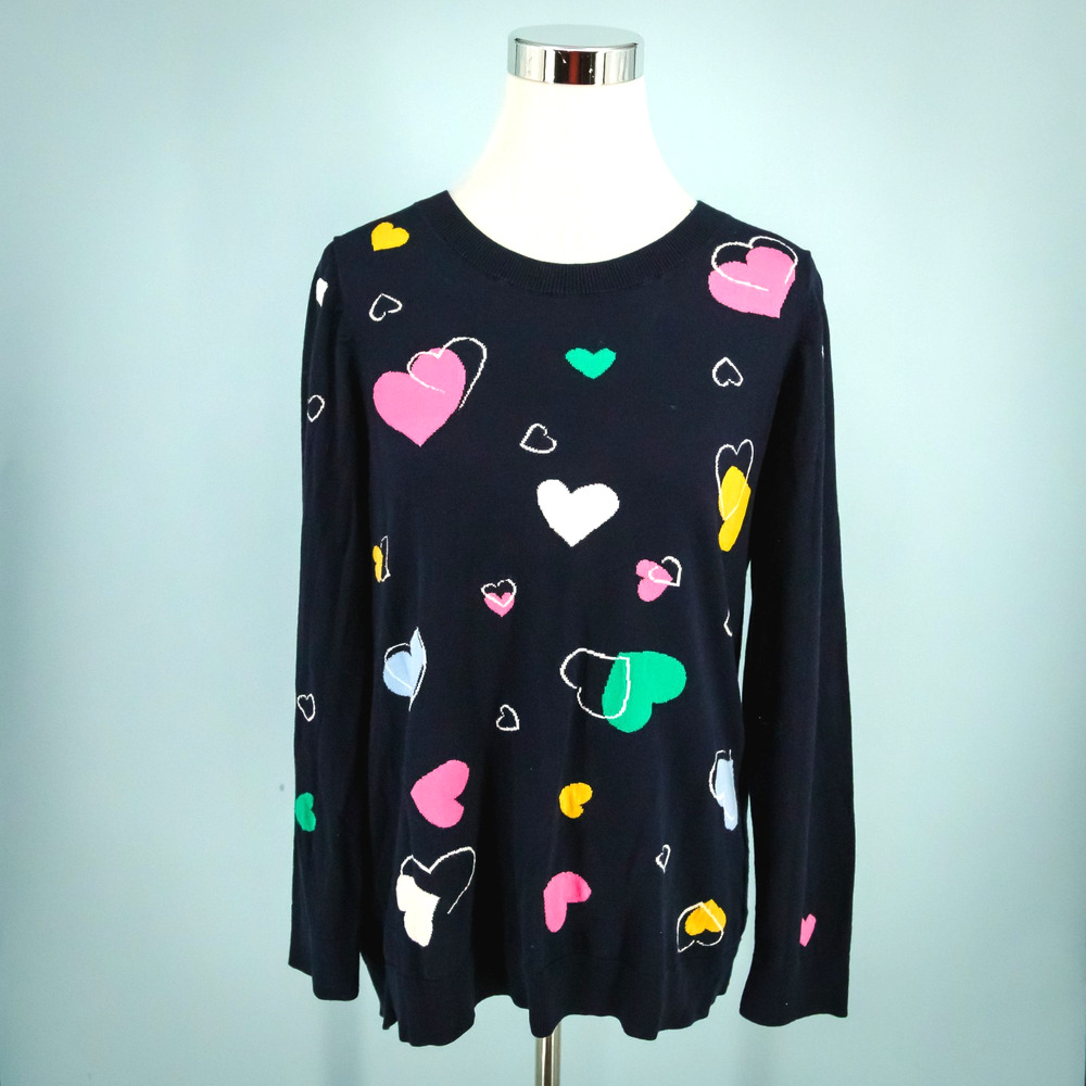 Talbots Plus Size 1X Blue Tossed Hearts Print Crew Long Sleeve Cotton Sweater